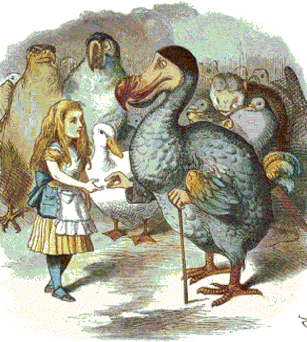 Originalillustration av berättelsen om Alice i underlandet där vi kan se en grupp dodo